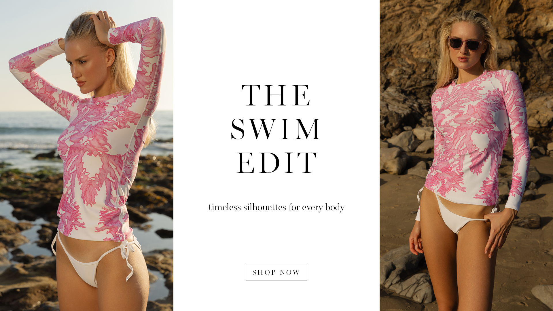 Model in swimwear posing by the beach, featuring a pink floral design.