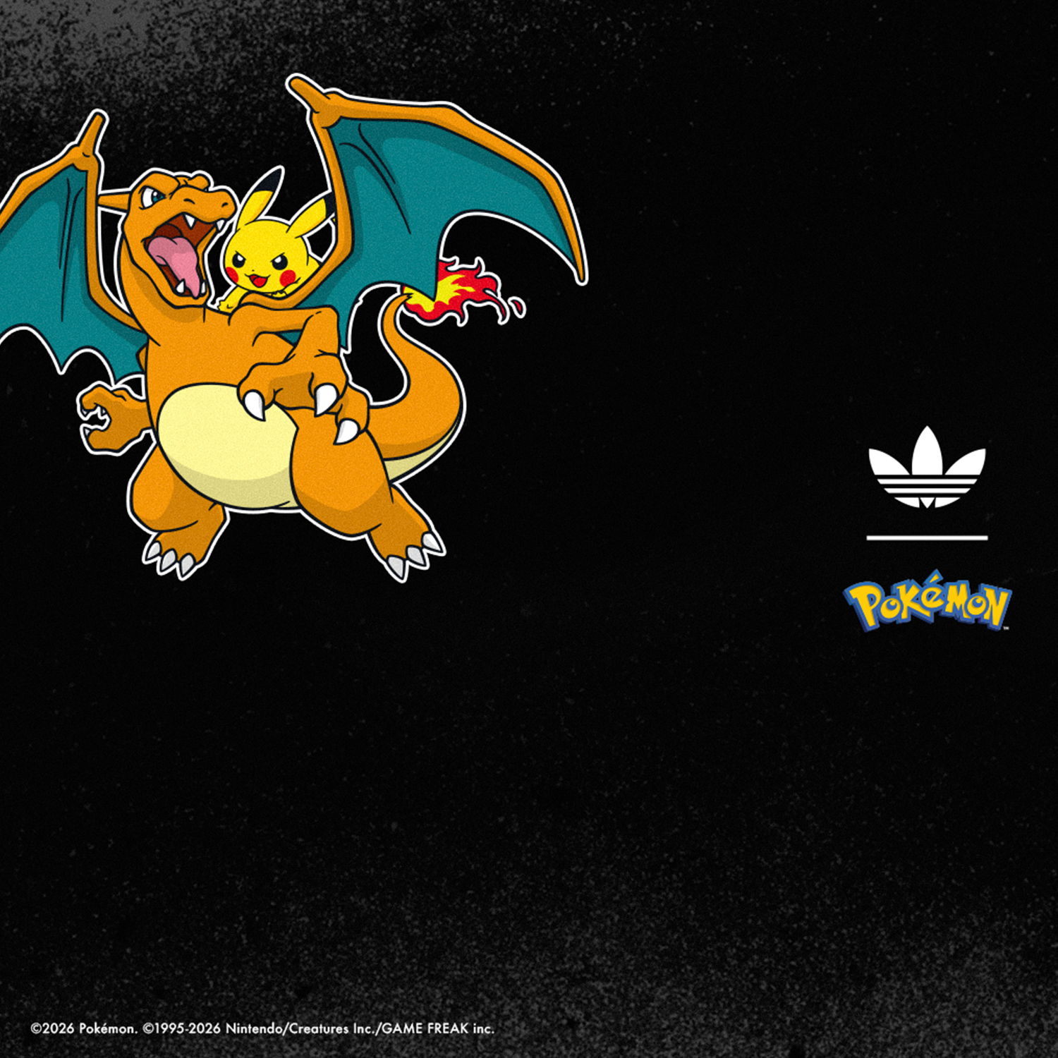Charizard and Pikachu against a black background with Adidas and Pokémon logos.