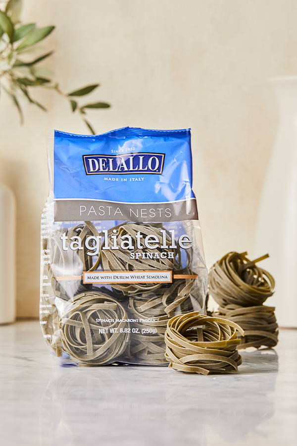 Spinach tagliatelle pasta nests in the package