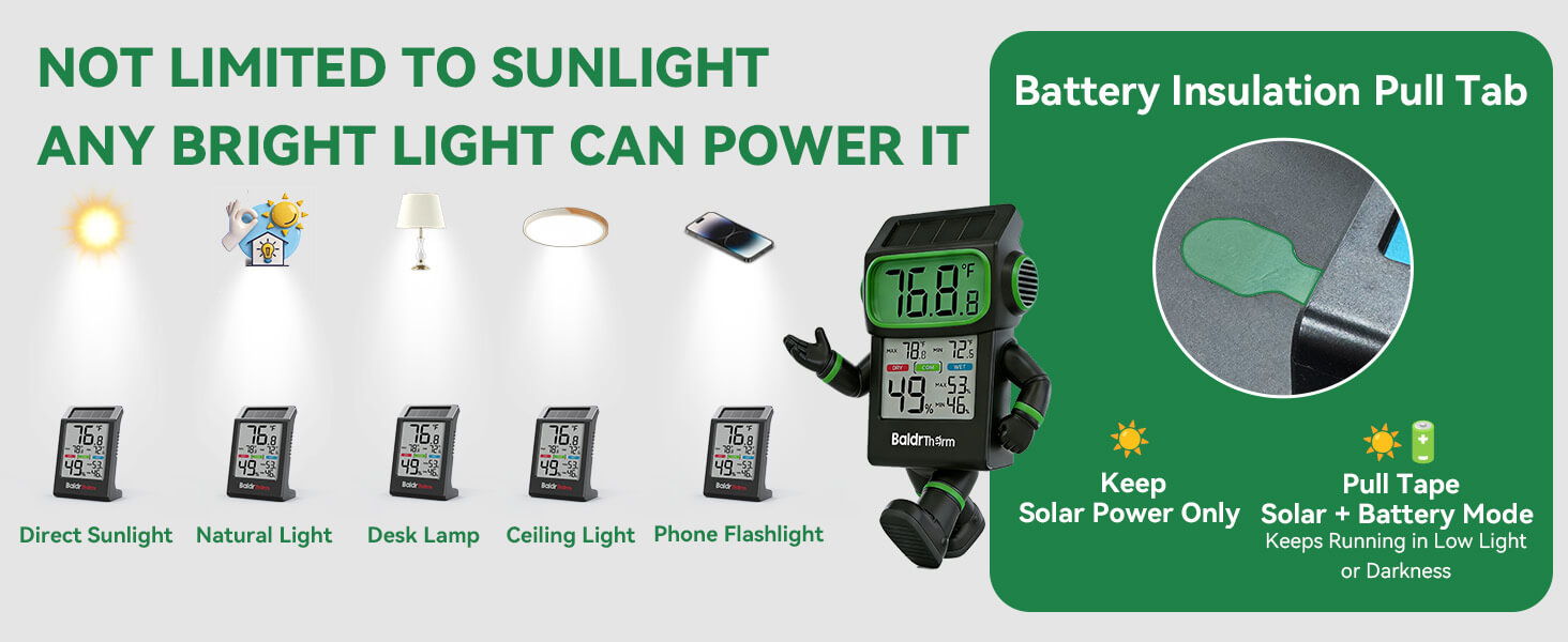 Various light sources can power devices; includes battery insulation pull tab instructions.