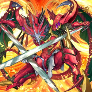 yu gi oh blazing dominion set A fierce red dragon warrior with swords, surrounded by fiery colors.