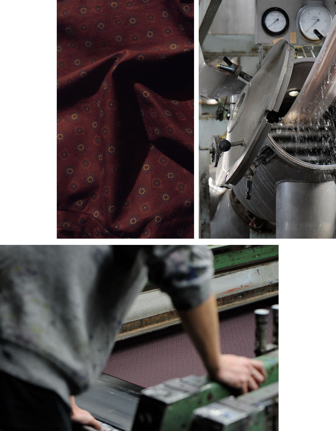 Fabric, textile machinery, and a worker operating equipment in a factory setting.