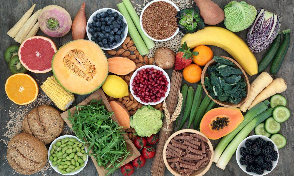 A spread of fibre rich foods, fruit and vegetables