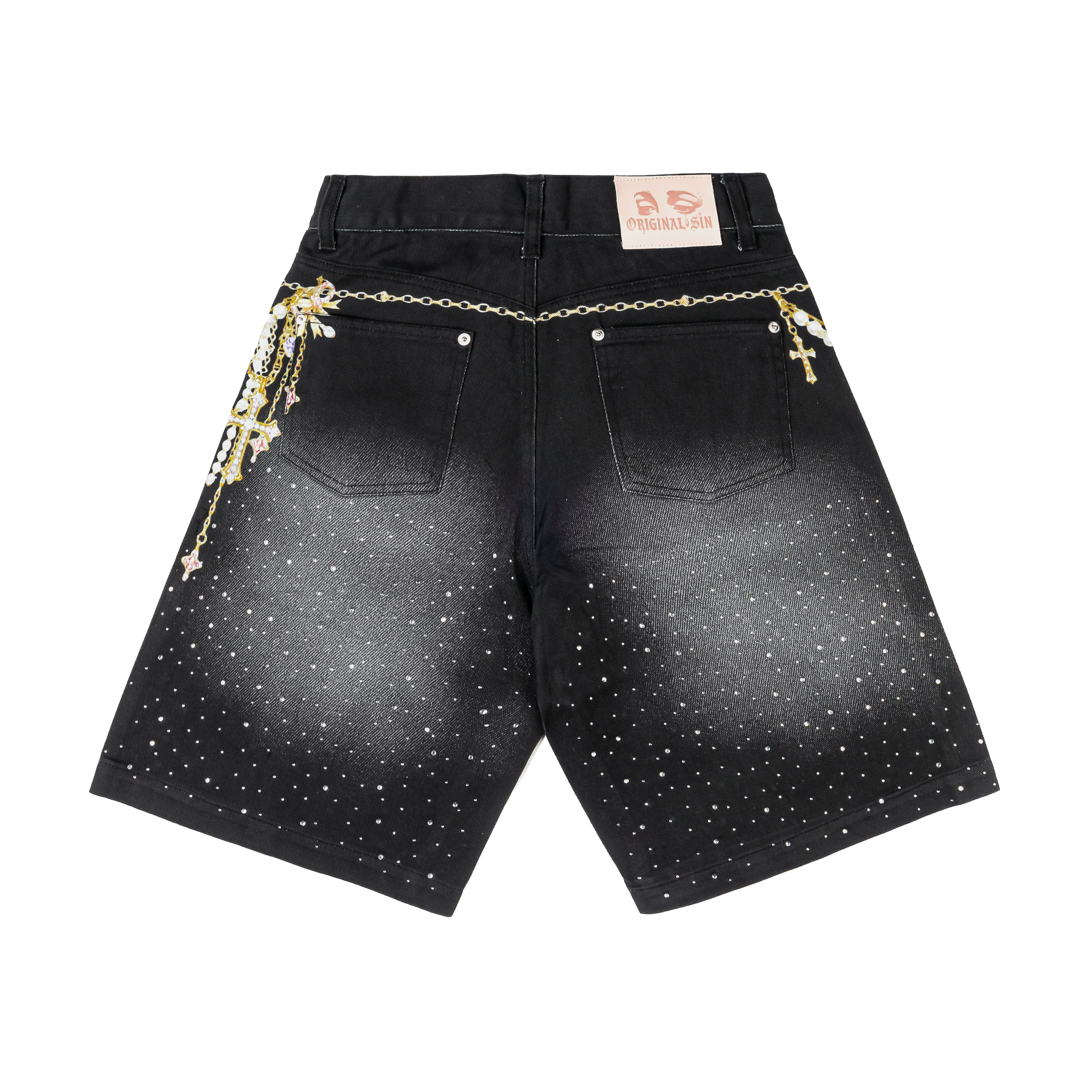 Black shorts with decorative chains and crosses.