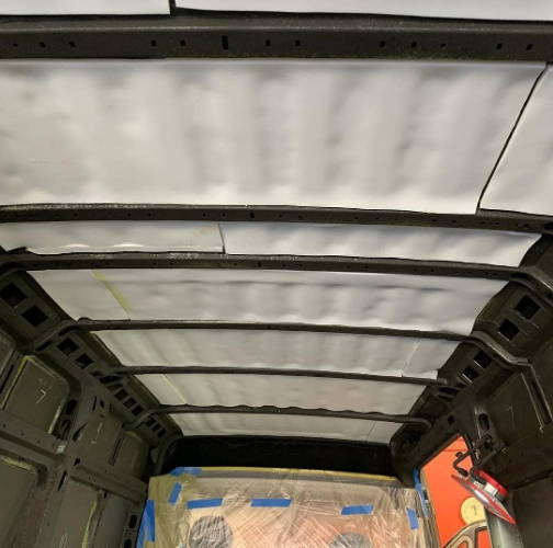 2019 Dodge Pro Master 3500 Van Mega Zorbe hydrophobic melamine foam adding insulation to the van roof