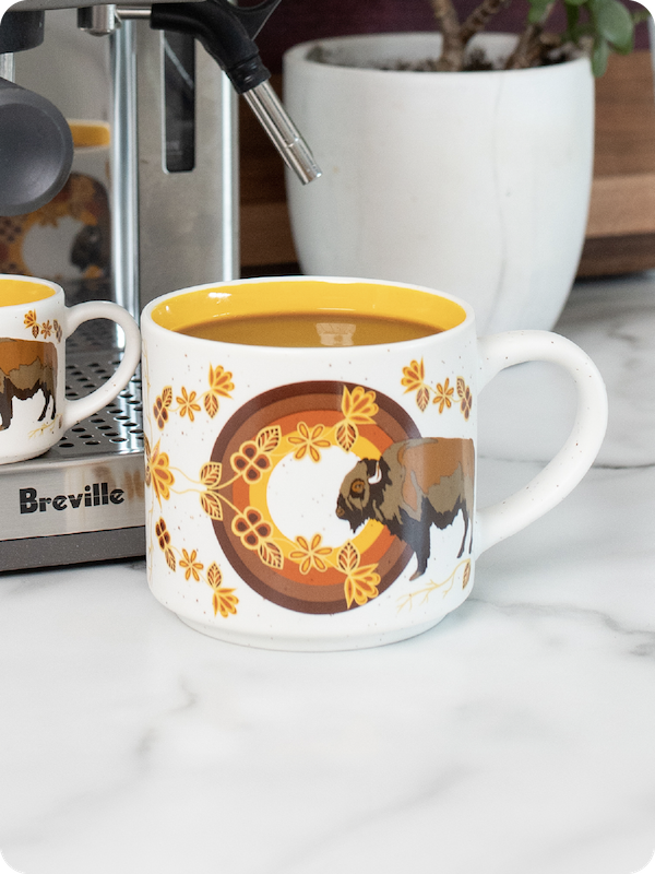 Buffaloes (MashkodeBiizhikina) 16oz Ceramic Mug by Storm Angeconeb, Lac Seul First Nation, Ojibwe