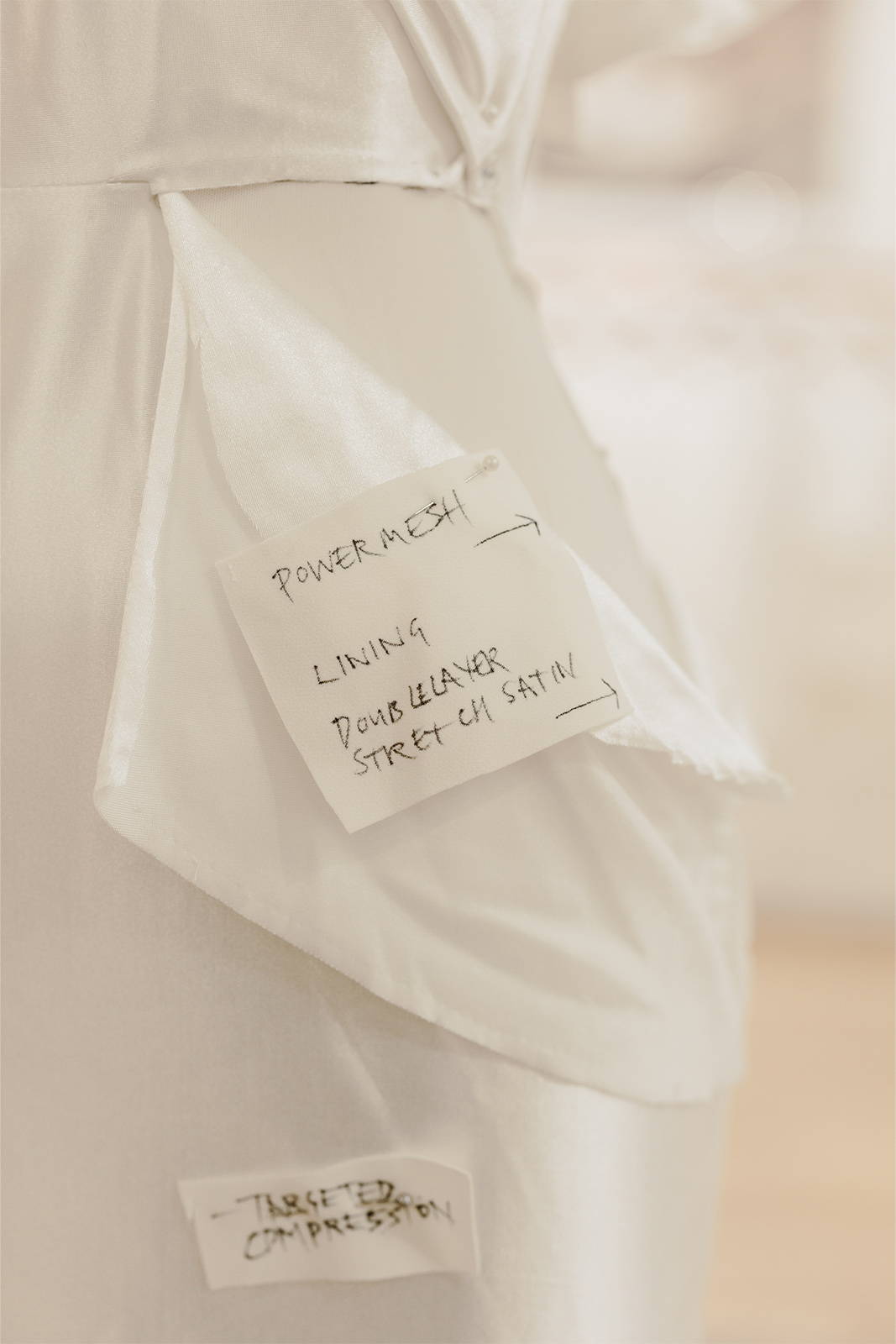 A deconstructed sample of the Cupid gown with design notes