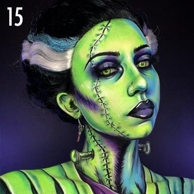 A woman with green skin and stitches, styled as a monster.