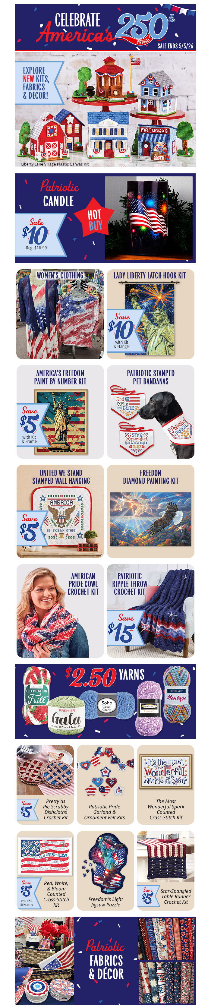 Promotional image celebrating America's 250th anniversary with various themed products and offers.