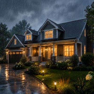 A cozy house illuminated at night during a rainstorm.