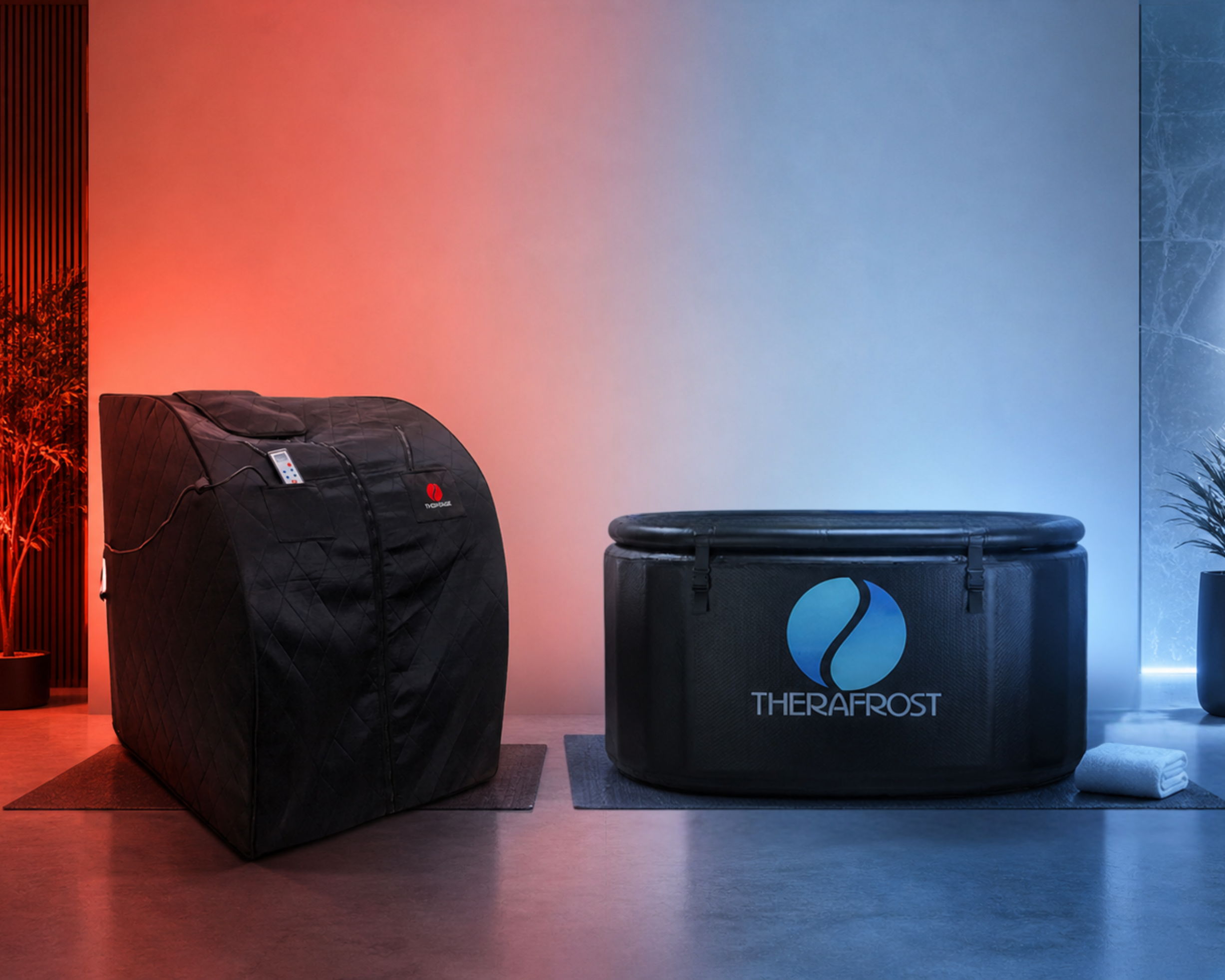 Black recovery pod and cold therapy tub in a modern room.