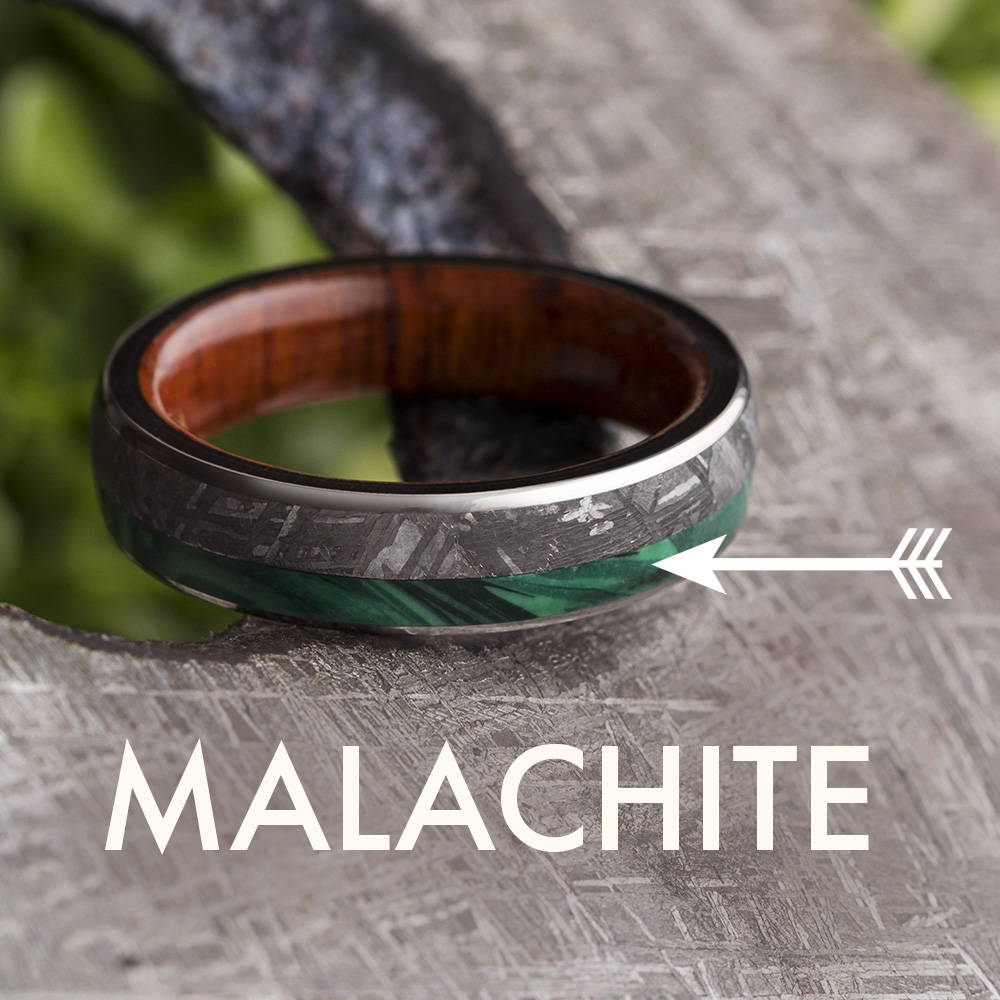 Malachite wedding band with meteorite and wood sleeve