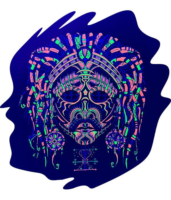 black t-shirt with neon multicolour specialty ink screen print featuring detailed voodoo inspired design of a face with dreadlocks with glowing effect under UV Black Light