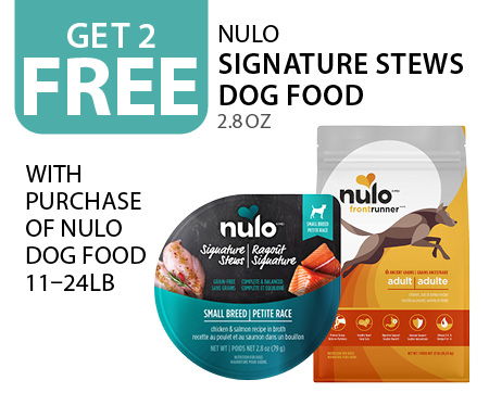 Get 2 free Nulo Signature Stews dog food 2.8 oz with purchase of Nulo Dog food 11–24lb