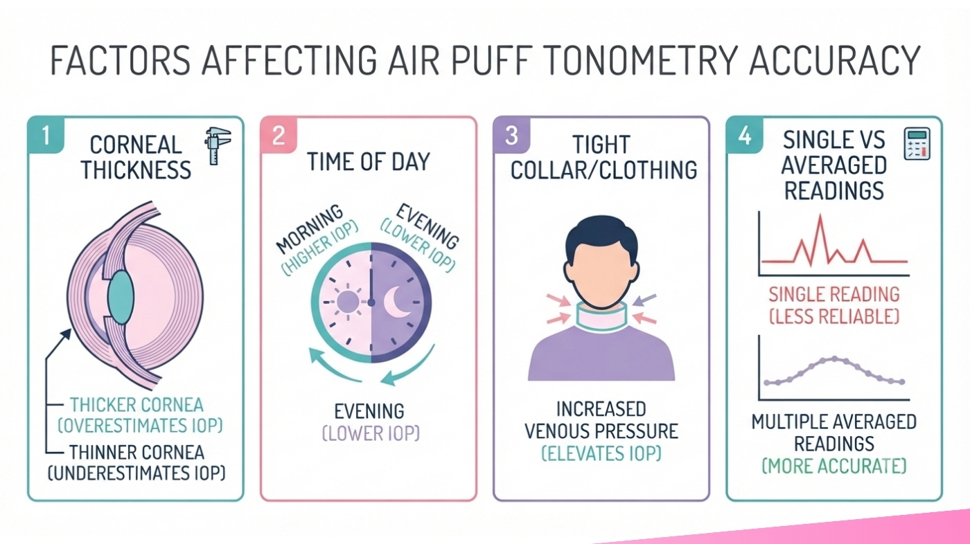  Infographic showing four factors that can cause inaccurate air puff eye pressure test results