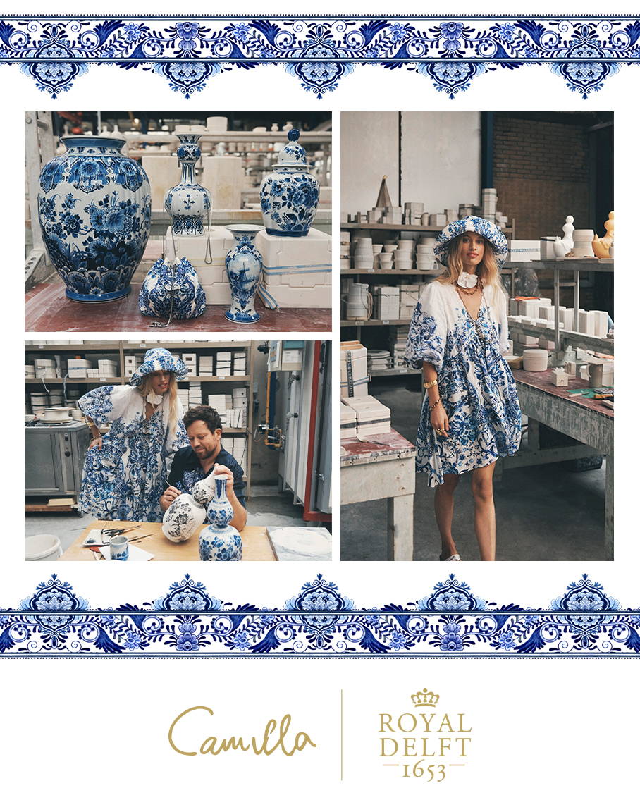 CAMILLA MODELS WEARING PRINT GRAZE AND GLAZE IN ROYAL DELFT FACTORY