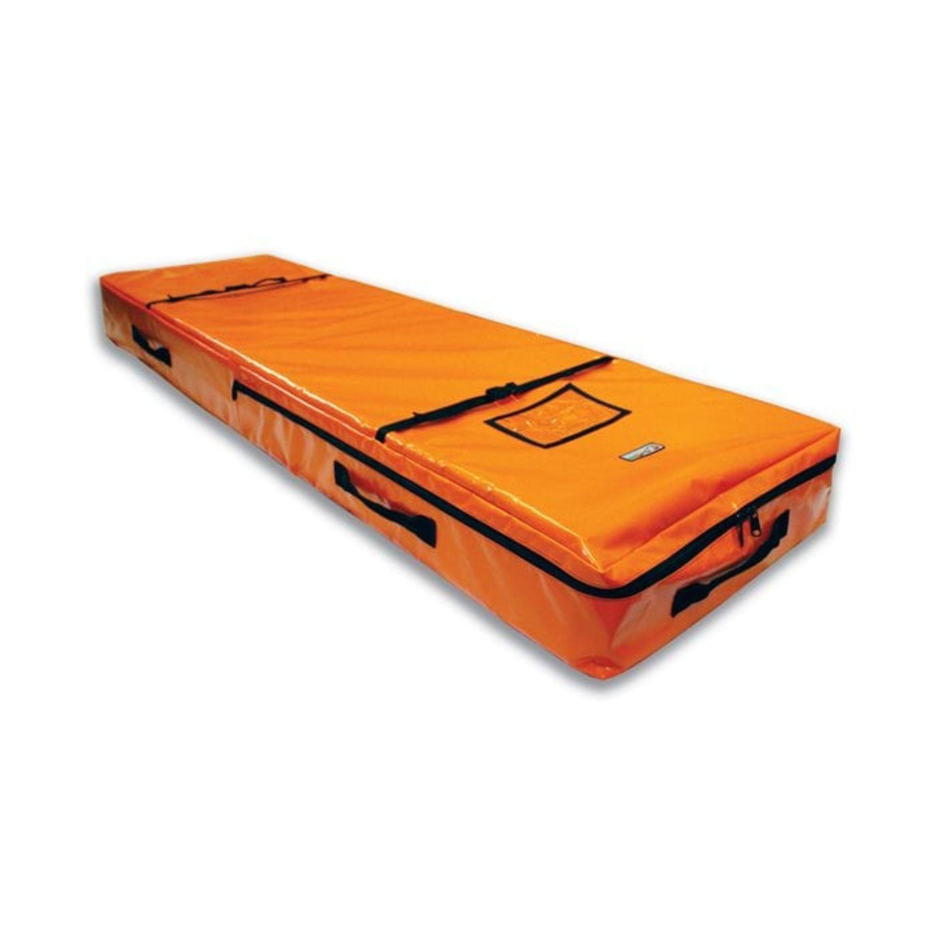 Orange padded stretcher with handles and a zippered compartment.