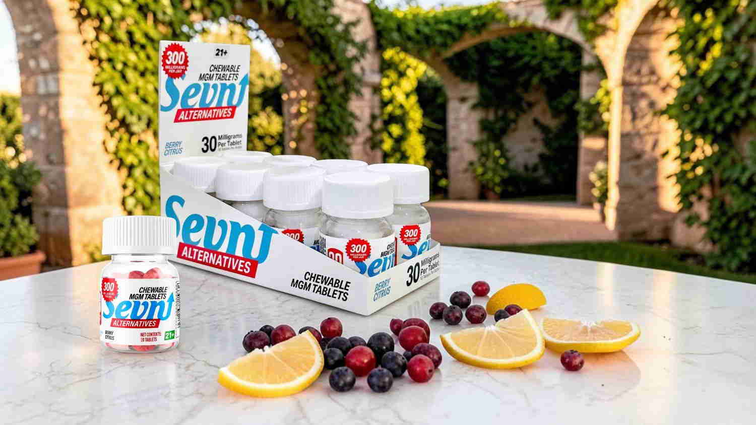Bottles of supplement with fruit slices on a table in a garden setting.