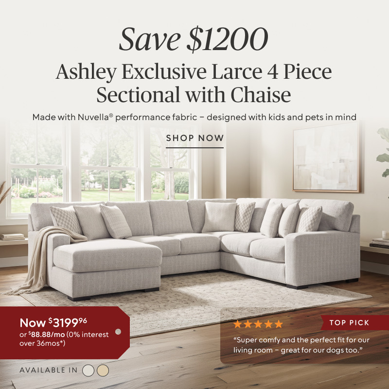 Save $1,200 on the Larce four-piece sectional with chaise, now $3,199.96.