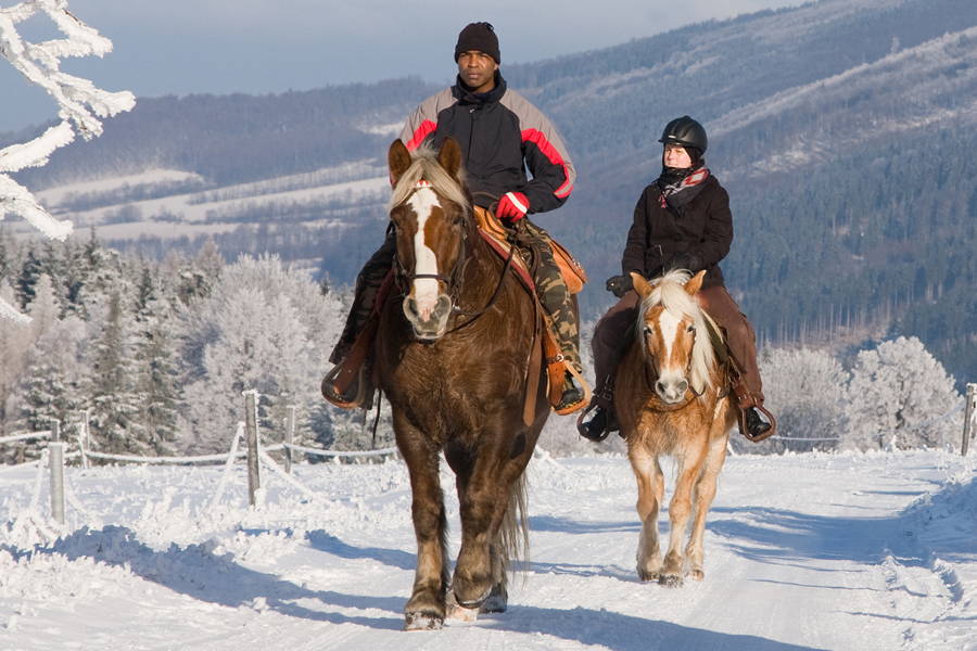 a couple horseback riding in winter scene