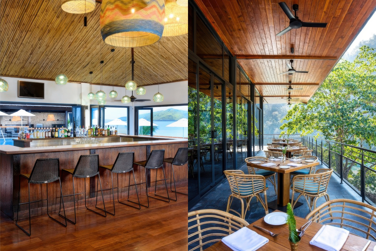 Hospitality bar and restaurant terrace with commercial bar stools, dining chairs and covered outdoor seating