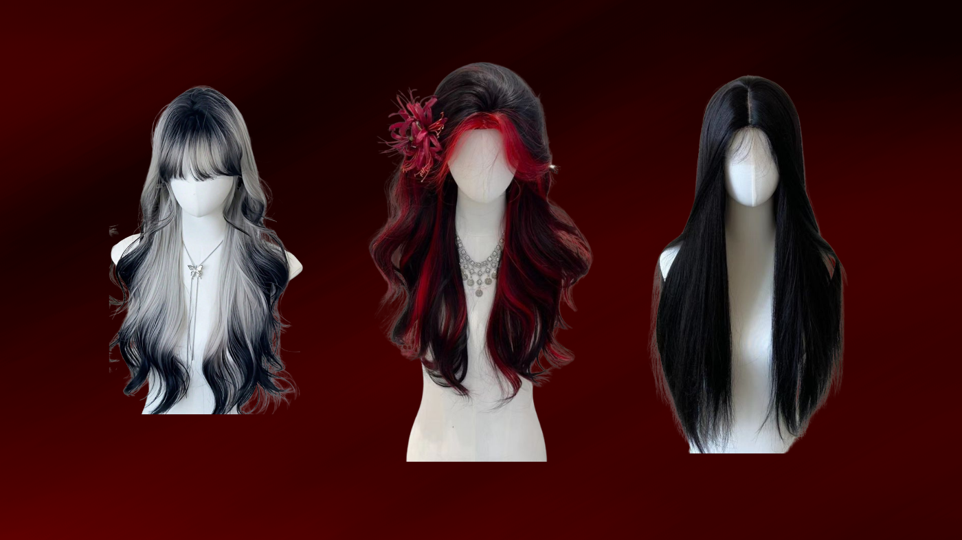 Demon cosplay hair and wig styling featuring long red, black, and white wigs with supernatural and dramatic fantasy aesthetic
