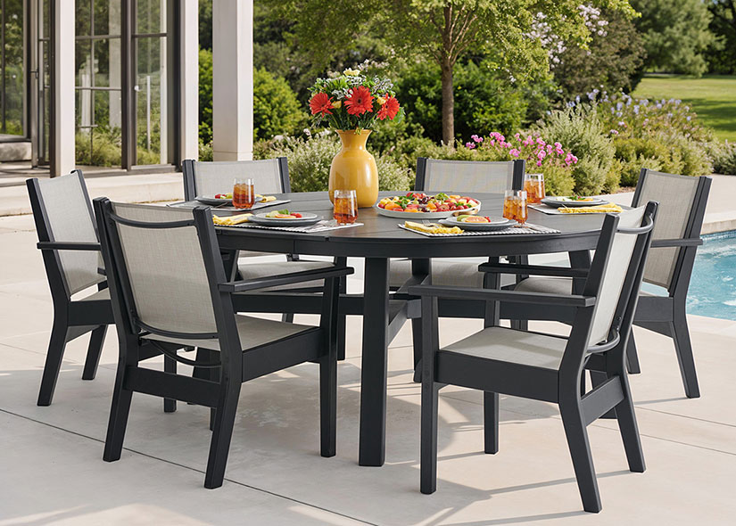 Outdoor dining table set with chairs, flowers, and drinks by a pool.