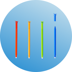 Colorful pens arranged in a circular design against a blue background.