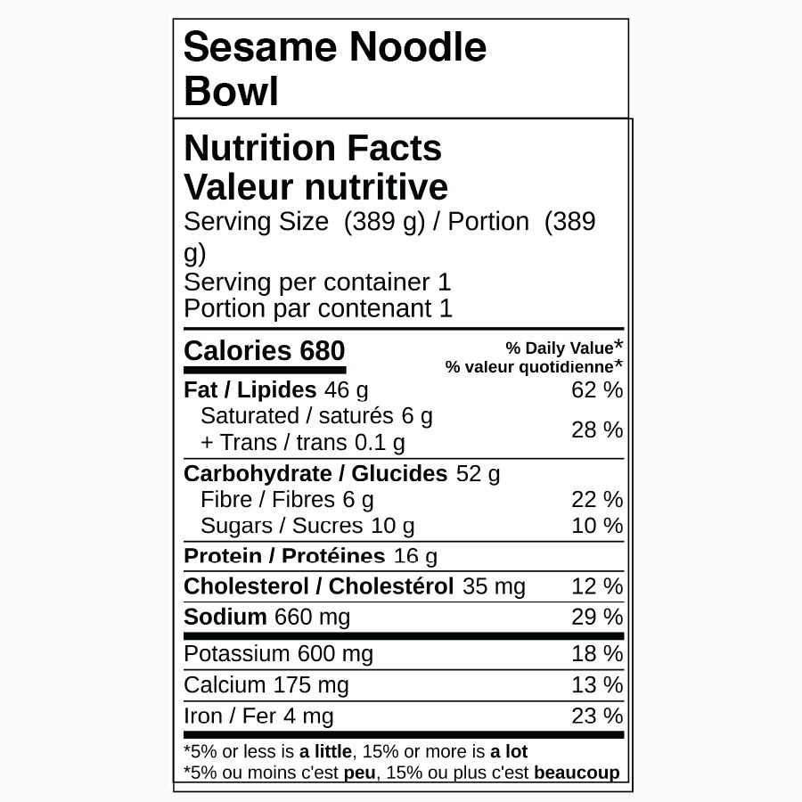 Nutrition facts for Sesame Noodle Bowl, including calories and nutrient details.