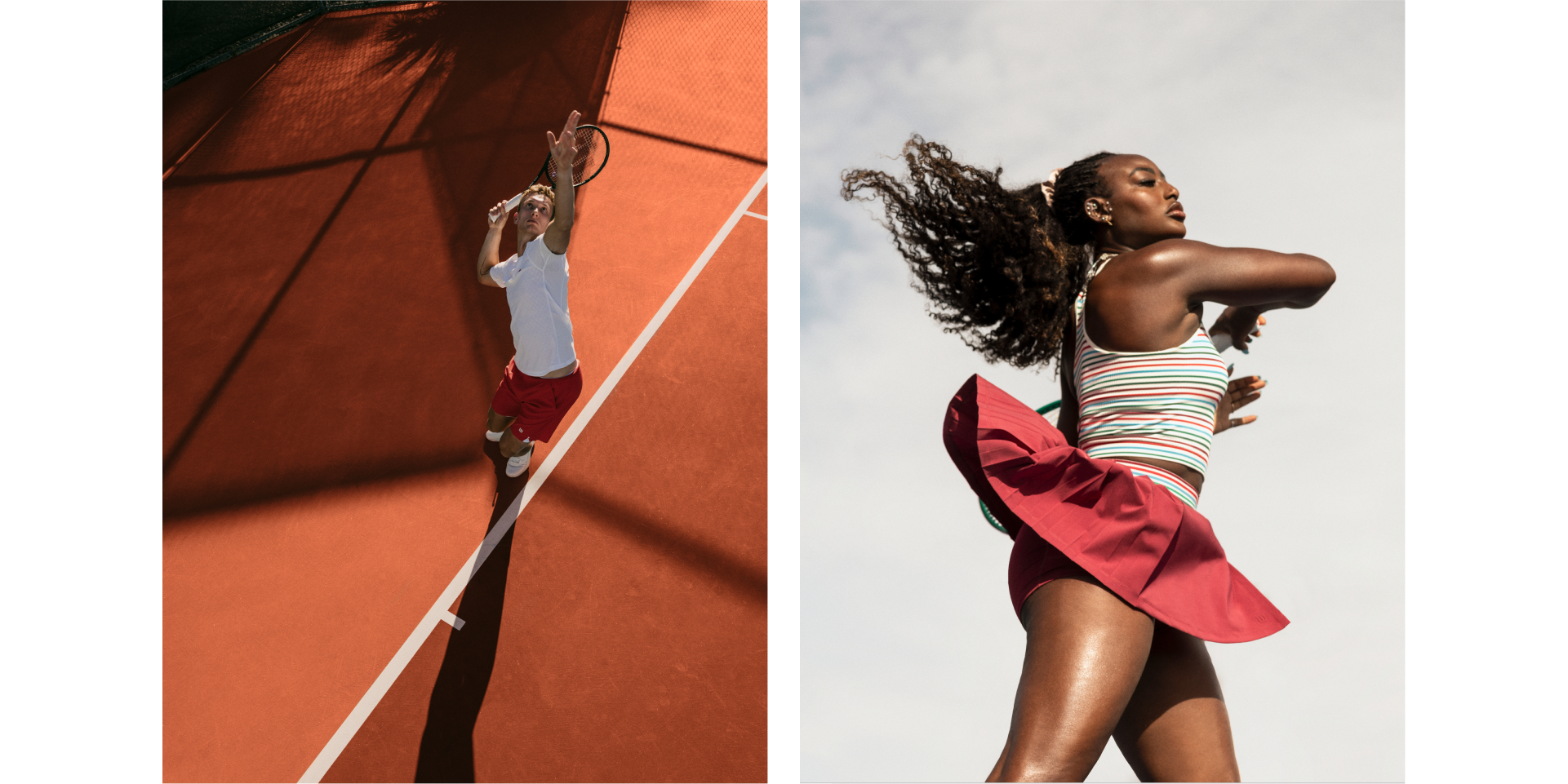 Two athletes on a tennis court, one serving and one in motion.