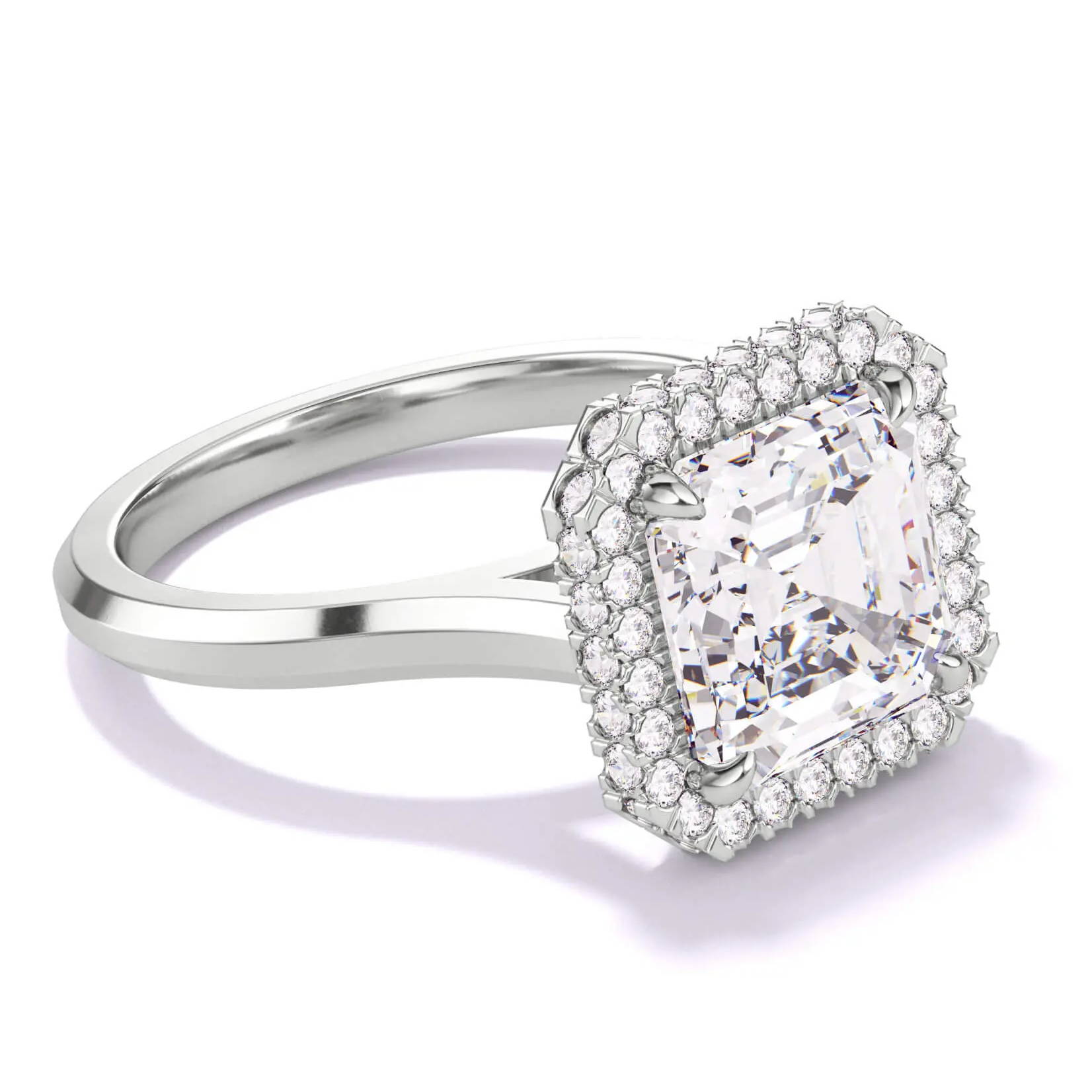 asscher engagement ring with a wrapped halo in platinum