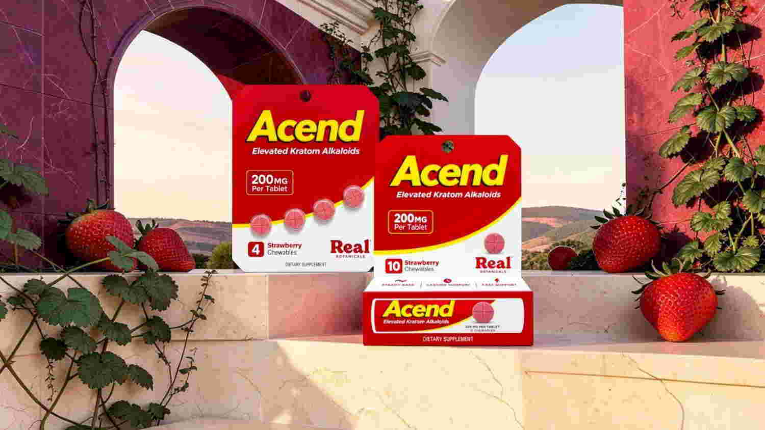 Boxes of Acend medication displayed with strawberries in a picturesque setting.
