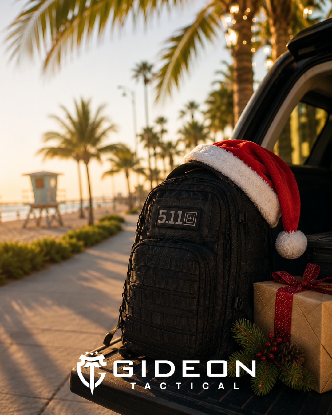 A backpack with a Santa hat near palm trees and a gift.