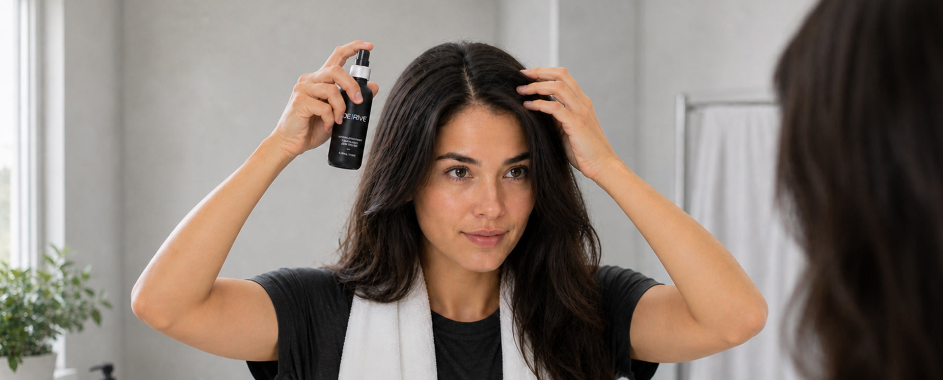Person applying DeriveMD Hair Support Serum to scalp during morning routine