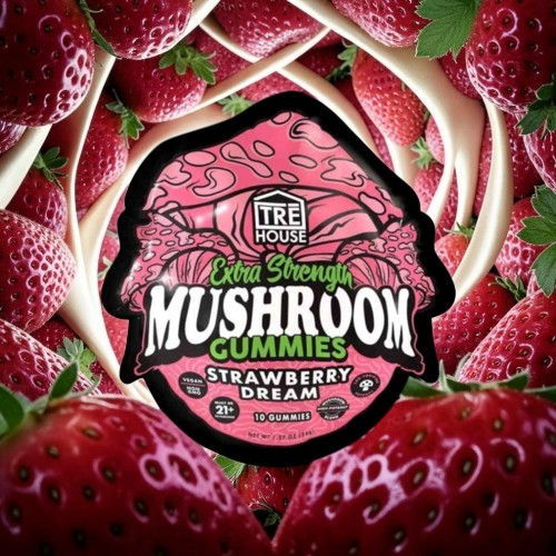 Mushroom gummies label on a background of strawberries.