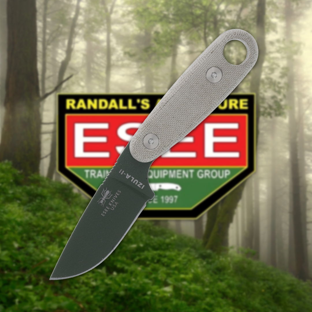 Knife in front of ESSE logo with forest background.