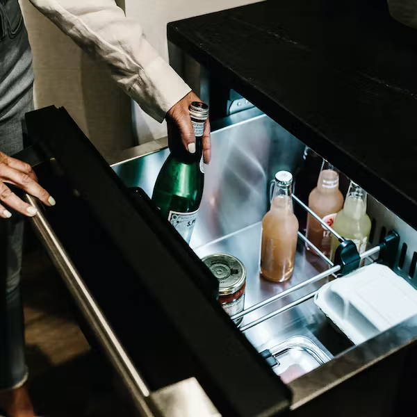 Drinks in open refrigerator