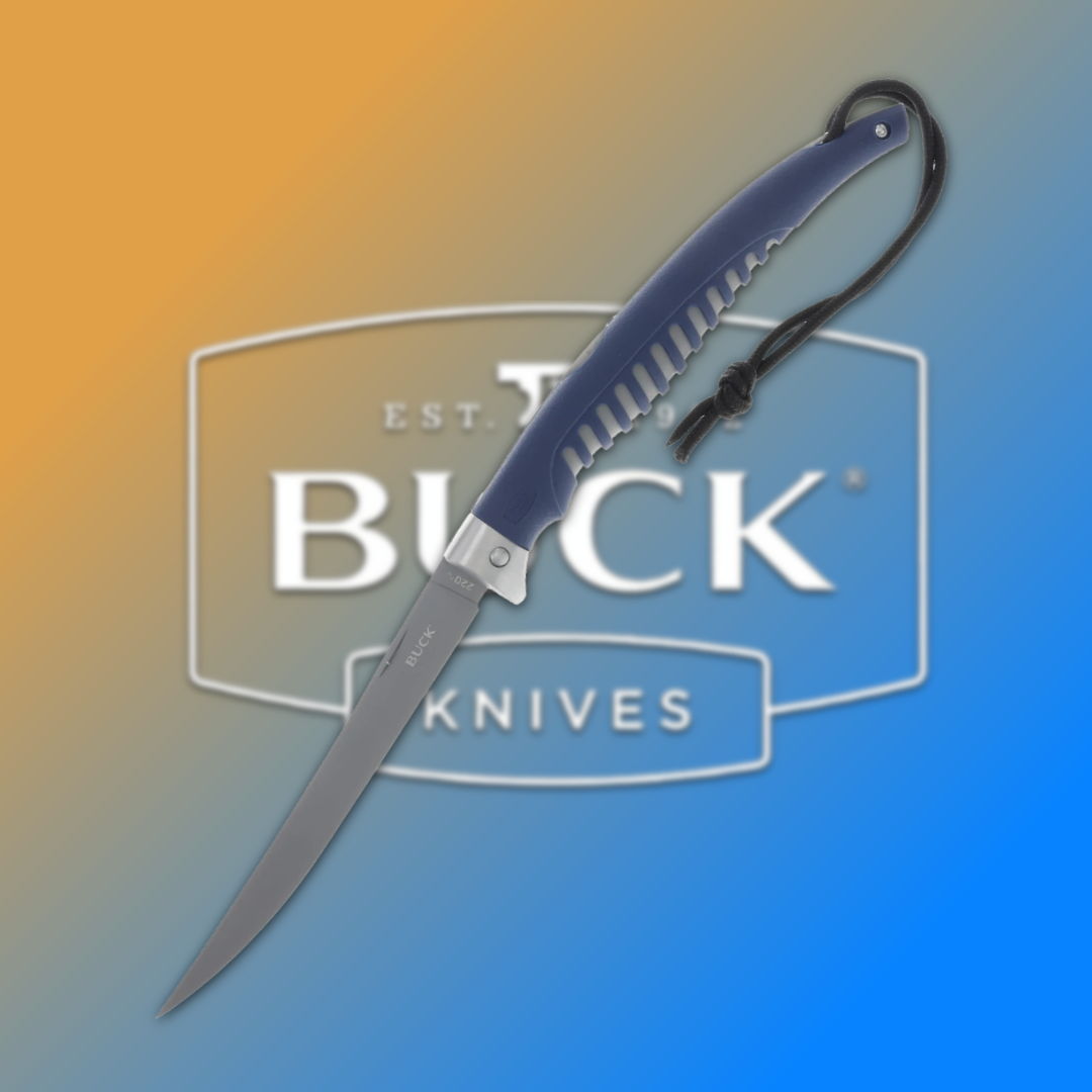 Buck Knives fillet knife with a blue handle on a gradient background.