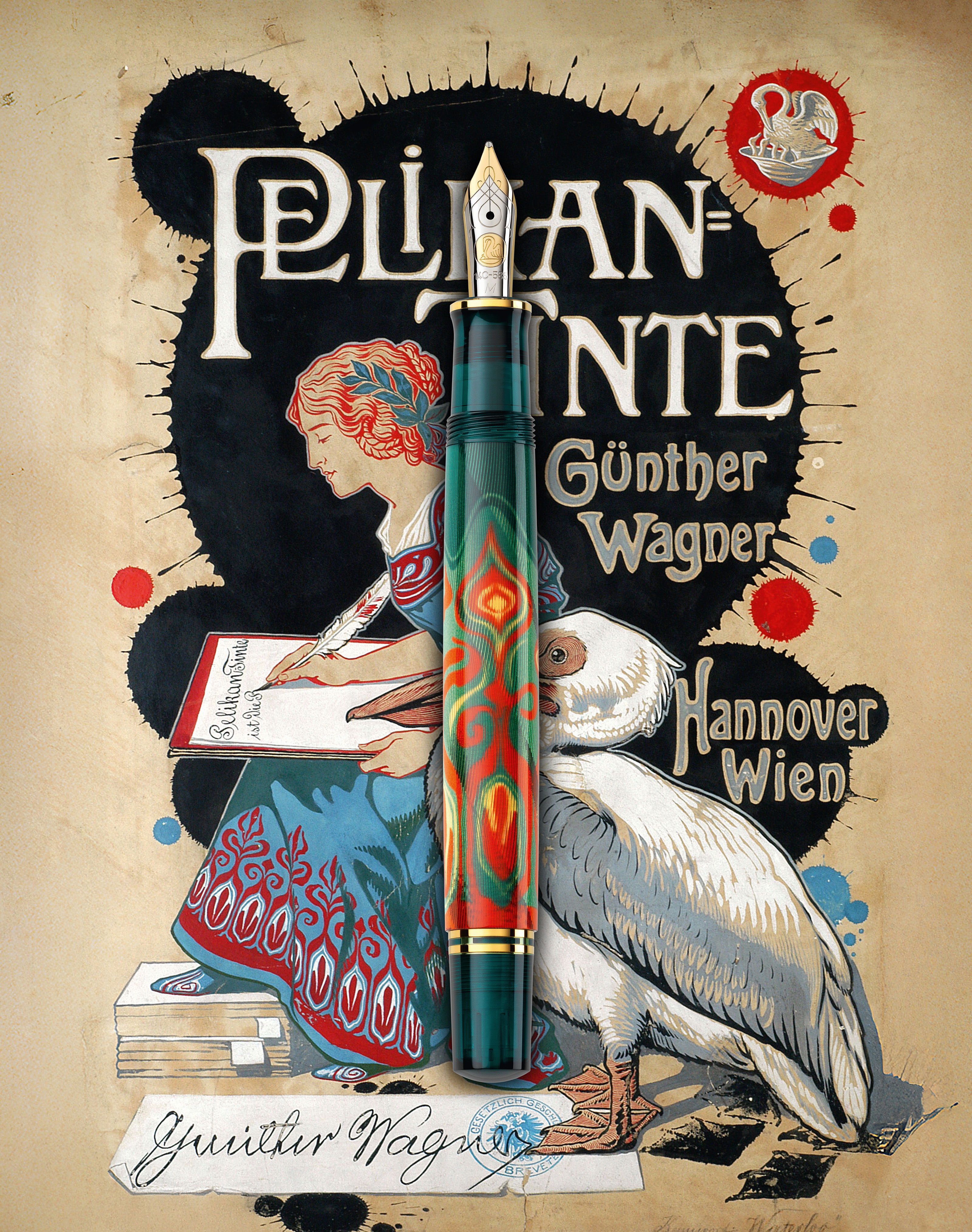 Pelikan M600 Rudi Rother Art Collection Fountain Pen with vintage advertisement in the background