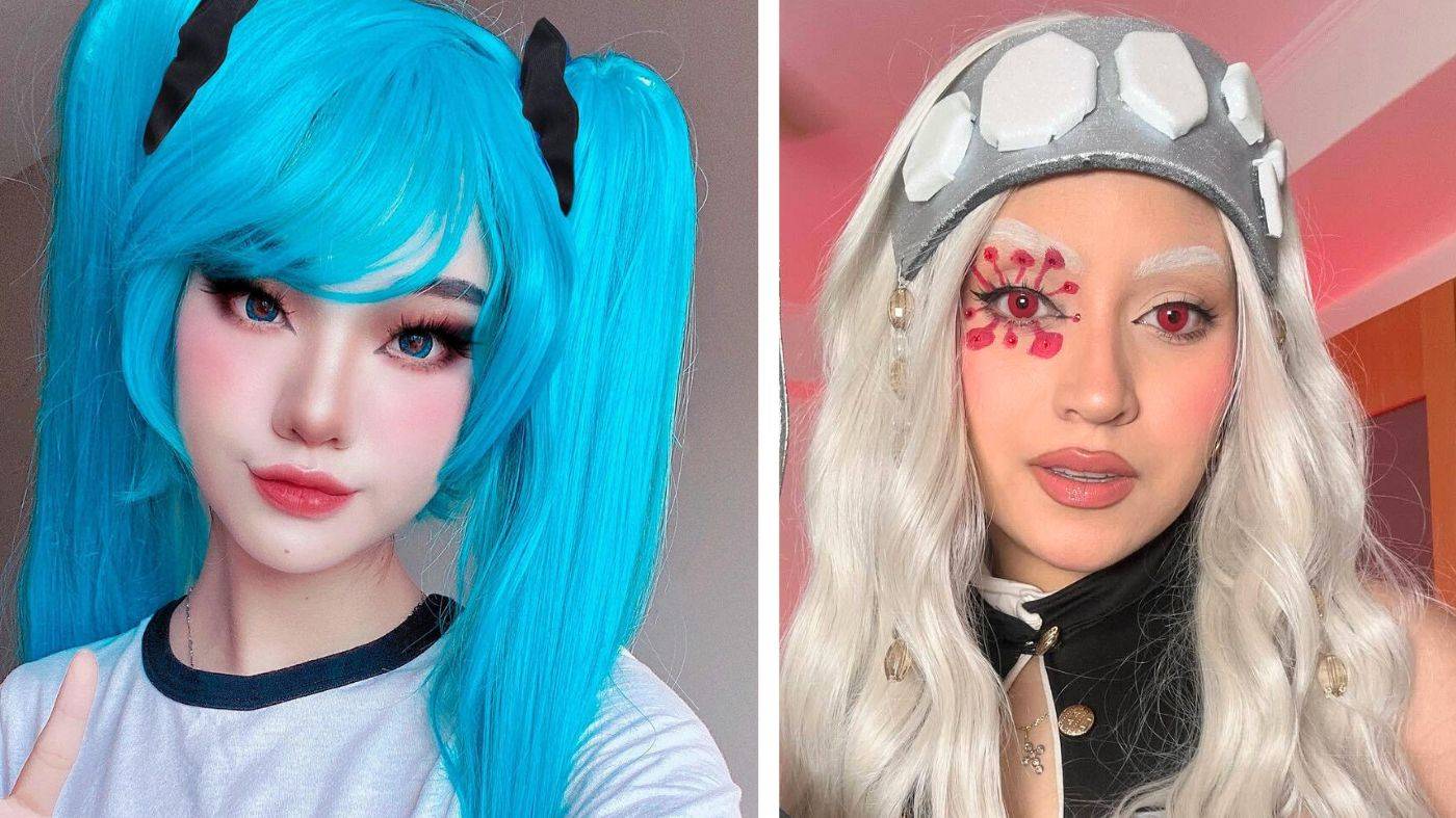 Collage of cosplayers wearing colored contacts