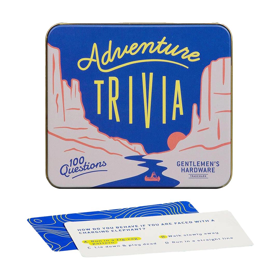 Adventure Trivia game tin with cards displayed.