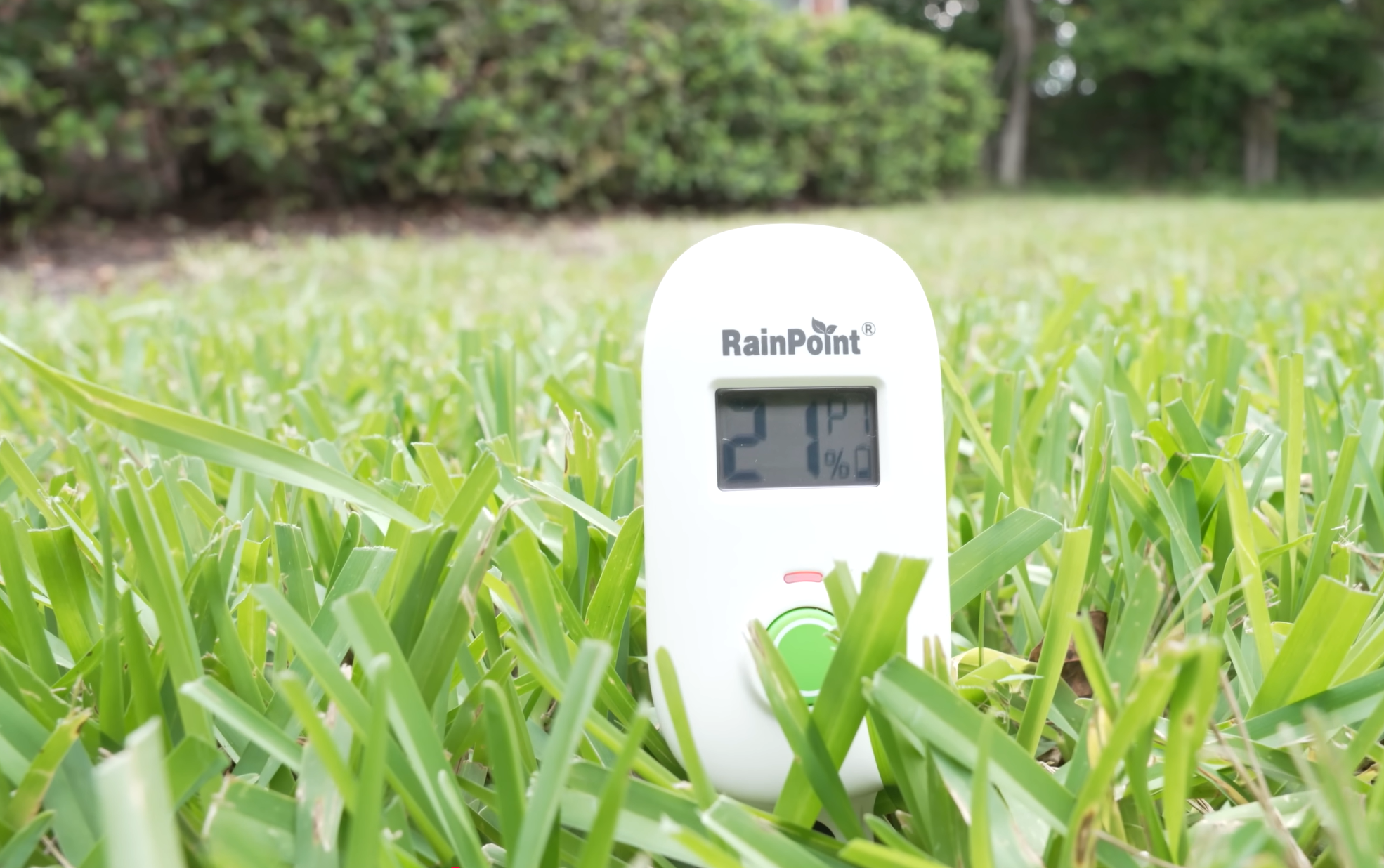 Soil moisture meter placed on grass.