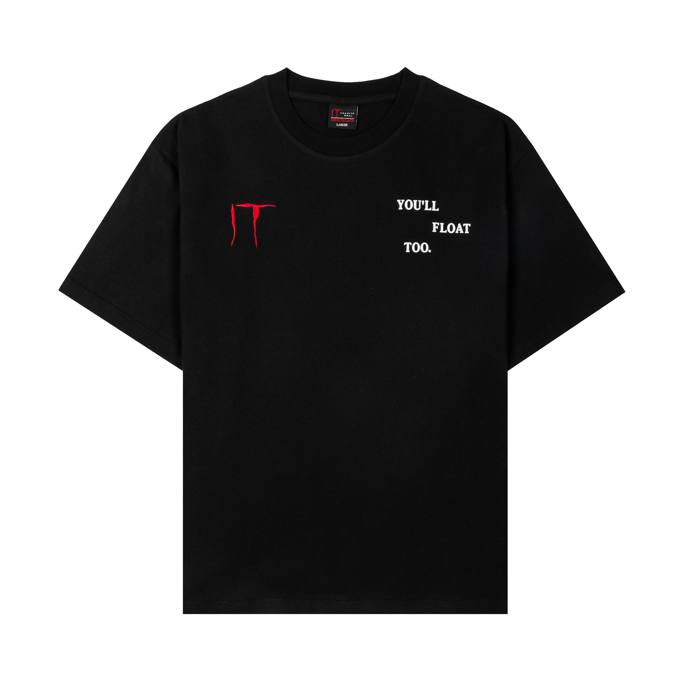 Black t-shirt with red graphic and text design.