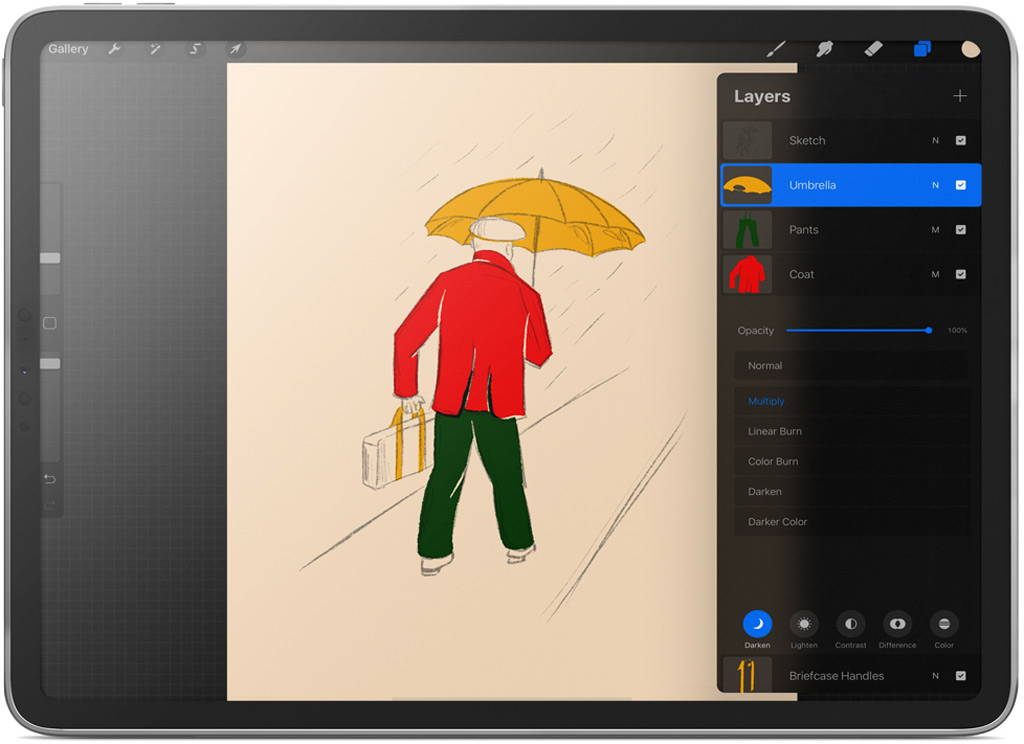 Adding off-white background color to illustration of man with umbrella in Procreate on an iPad