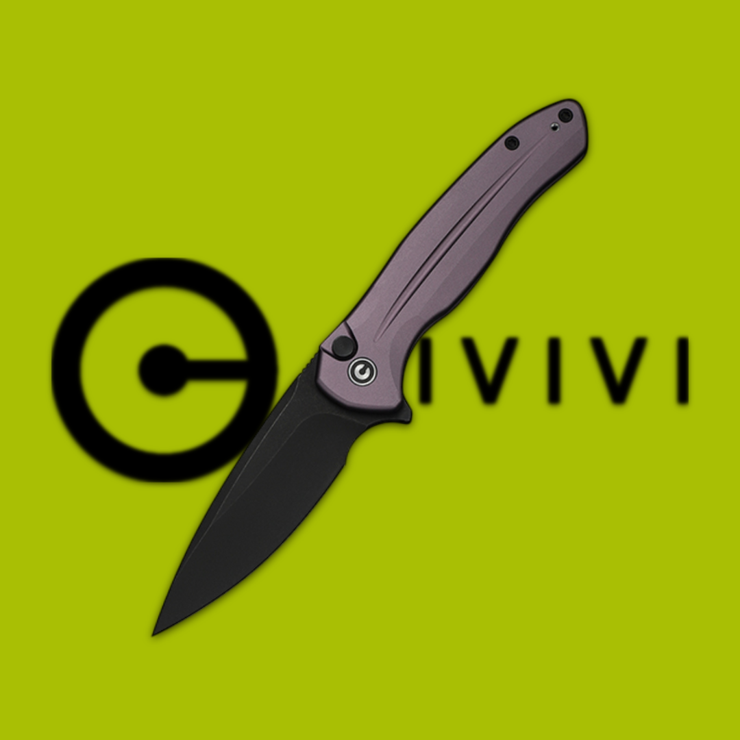 Folding knife with a black blade on a green background.