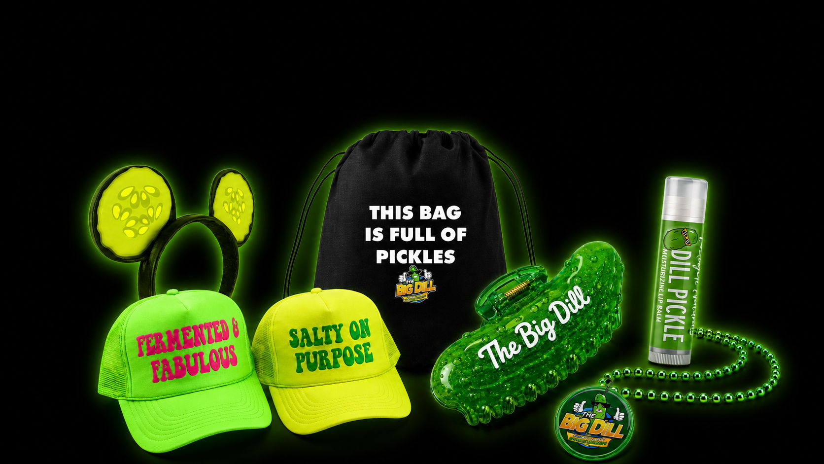 A collection of green novelty items, including hats, bags, and accessories.