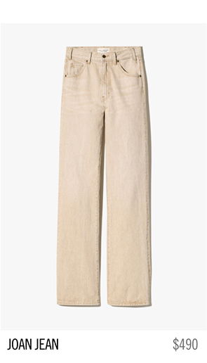 Beige straight-leg jeans displayed on a white background with pricing information.
