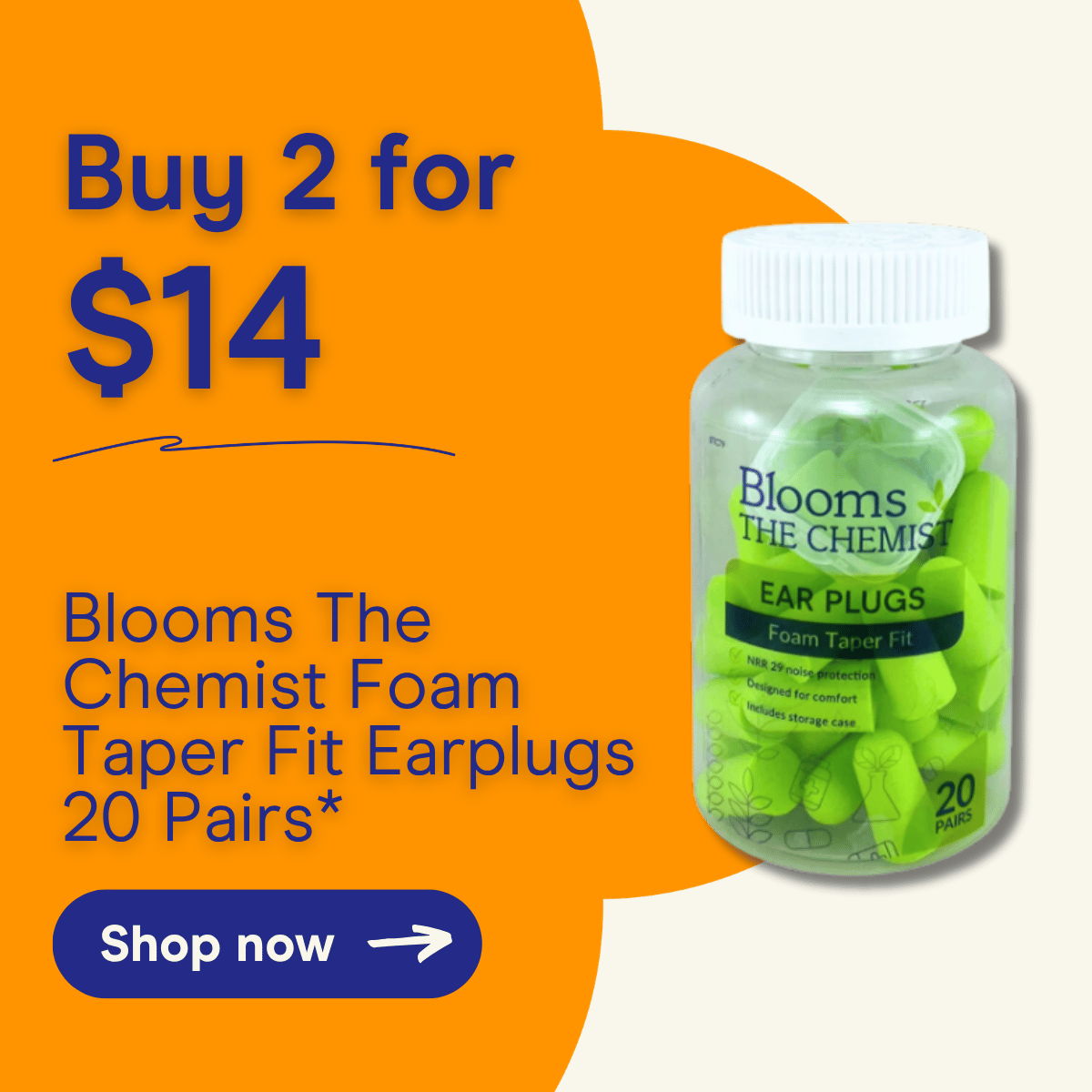 Buy 2 for $14, Blooms Foam Taper Fit Earplugs, 20 pairs.