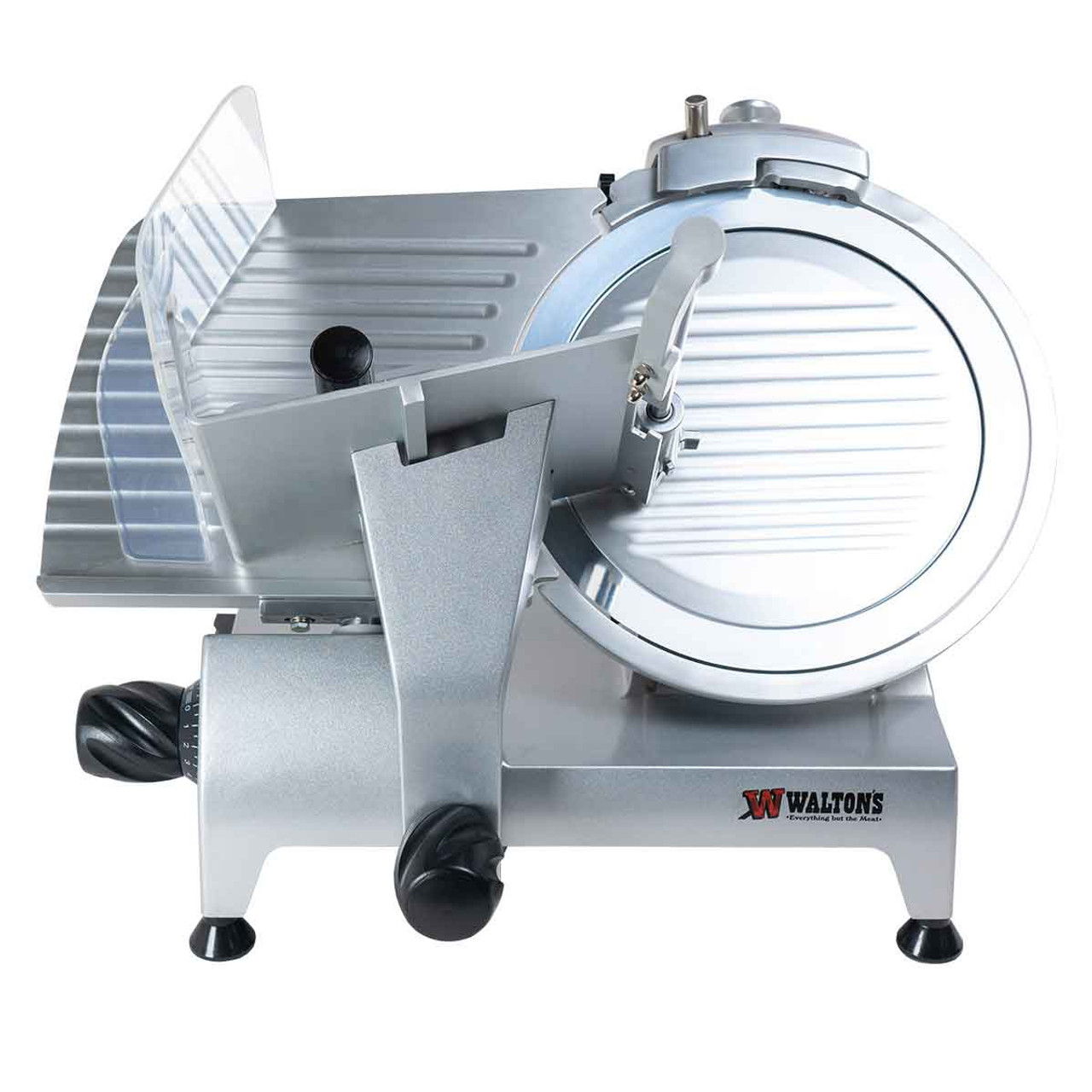A silver meat slicer with a circular blade and adjustable thickness settings.