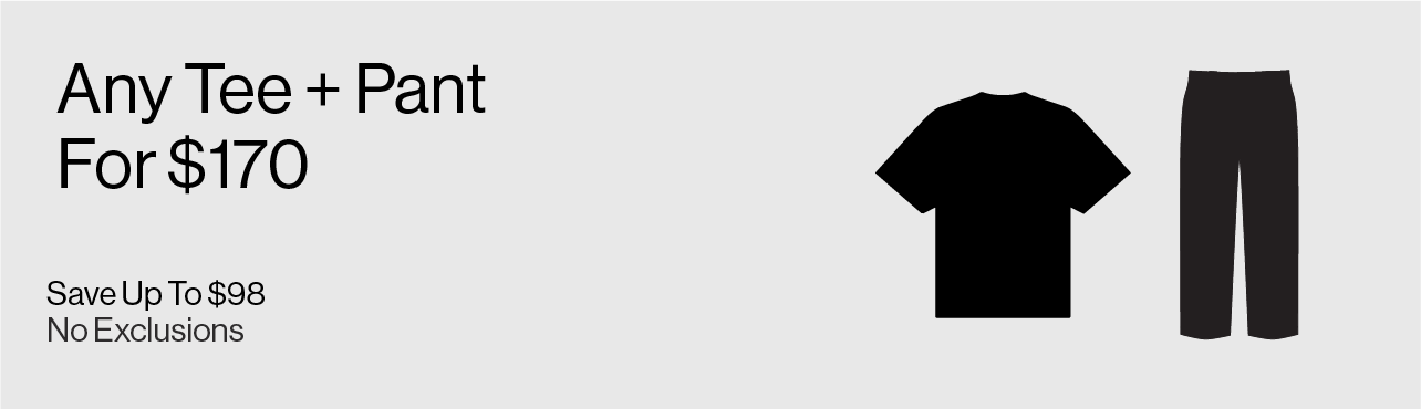 Promotional graphic for tee and pant bundle priced at $170.